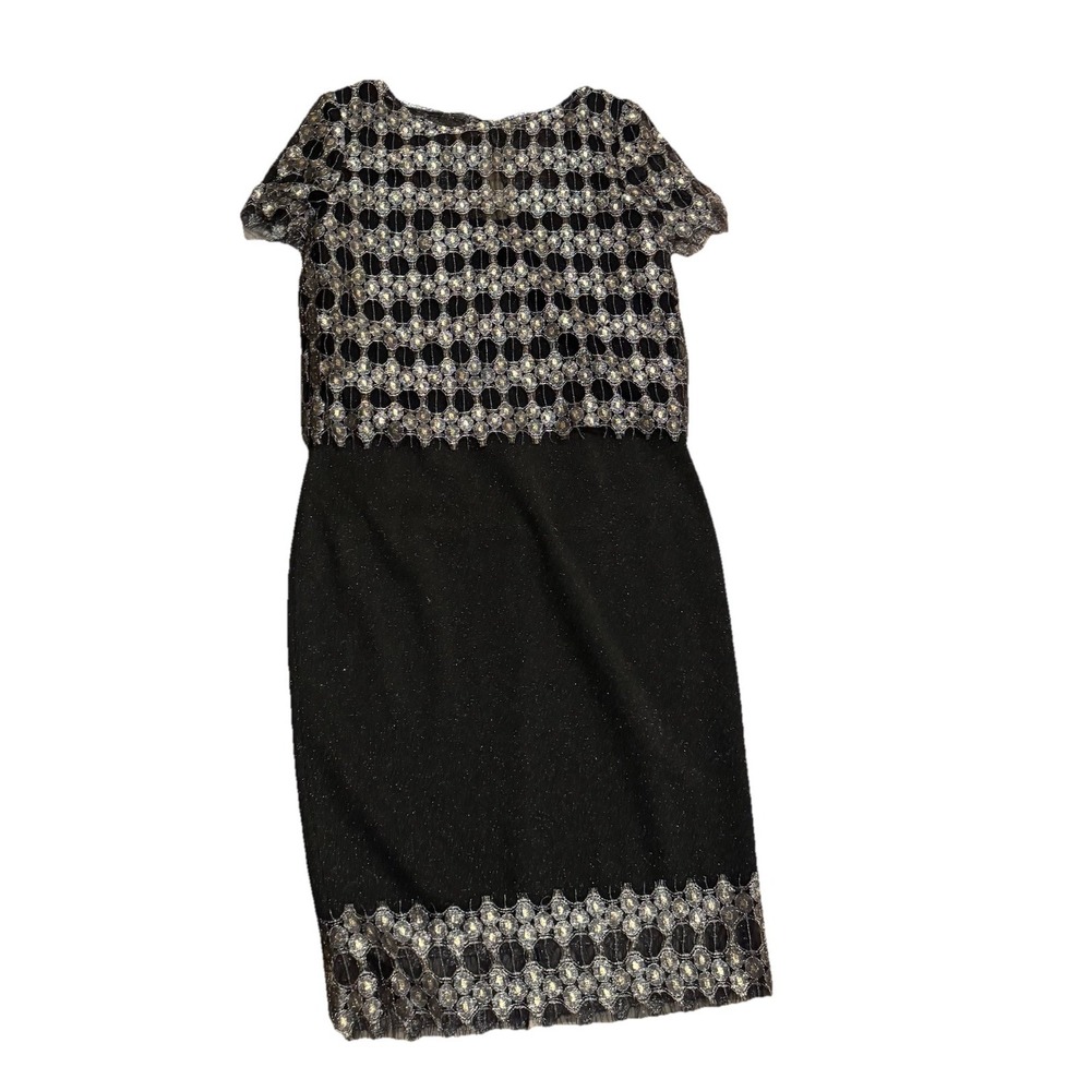 St John Women's Black Lace Overlay Metallic Cocktail Knee Length Knit Dress  6 8